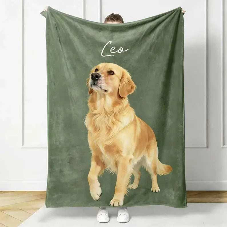 Soft Painted Pet Portrait Blanket with Name - Custom Dog & Cat Photo Fleece Throw - Pet Memorial Gift