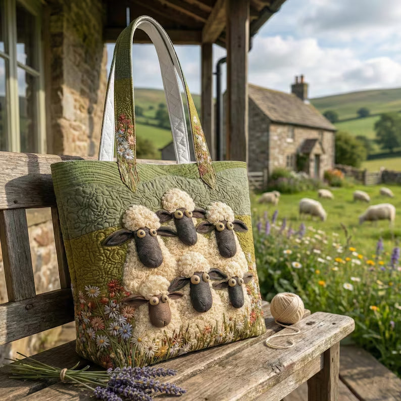 Sheep Quilted Tote Bag – Cute Farm Animal Tote, Padded Fabric Shoulder Bag