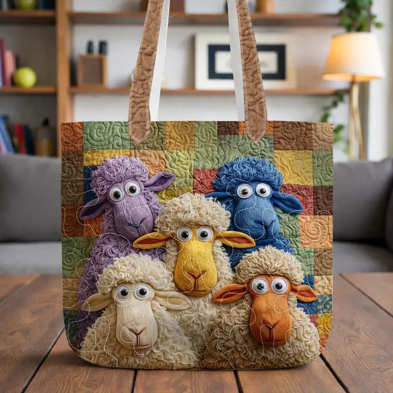 Whimsical Sheep Quilted Tote Bag – Cute Farm Animal Tote, Padded Fabric Shoulder Bag