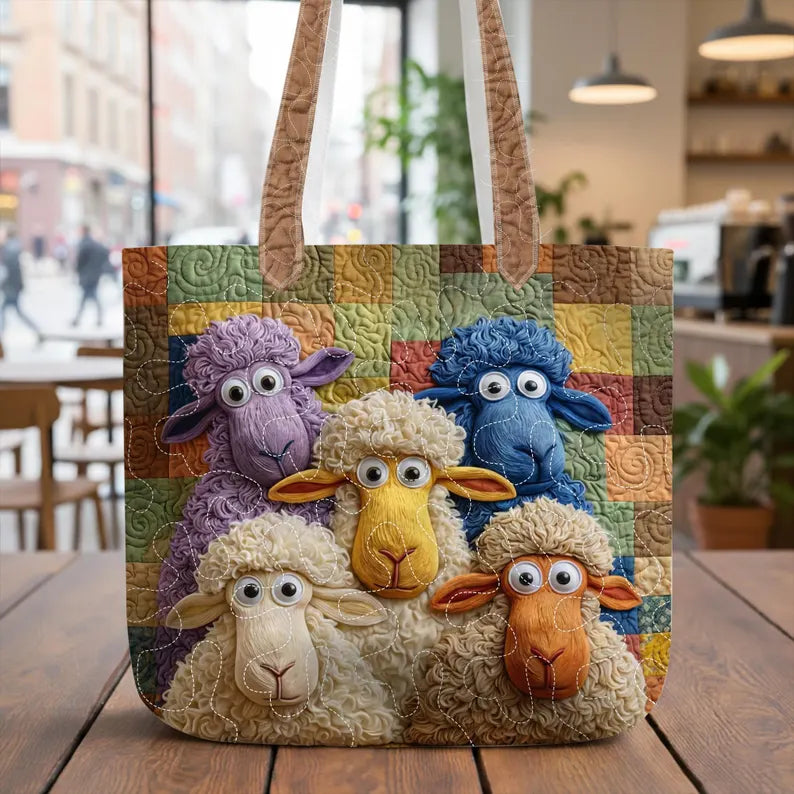 Whimsical Sheep Quilted Tote Bag – Cute Farm Animal Tote, Padded Fabric Shoulder Bag
