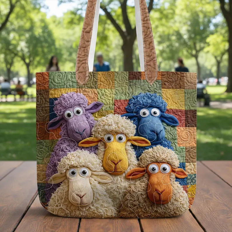 Whimsical Sheep Quilted Tote Bag – Cute Farm Animal Tote, Padded Fabric Shoulder Bag