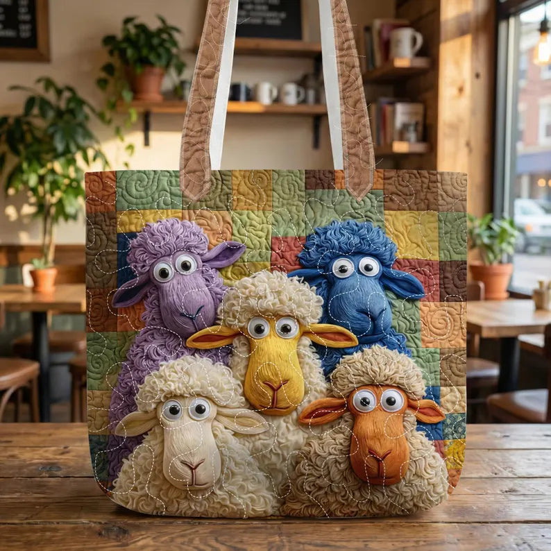 Whimsical Sheep Quilted Tote Bag – Cute Farm Animal Tote, Padded Fabric Shoulder Bag