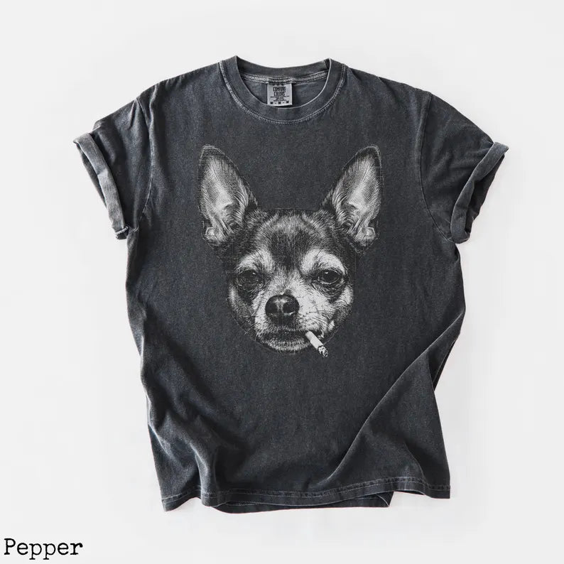 Smoking Chihuahua Shirt, Vintage Grunge Dog Graphic Tee, Funny Dog Face Shirt