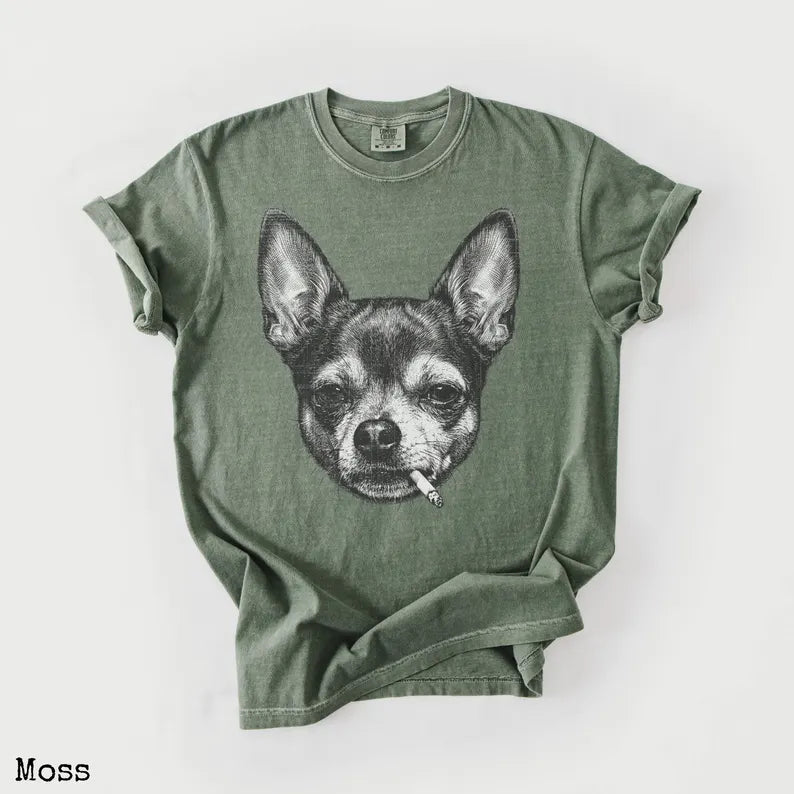 Smoking Chihuahua Shirt, Vintage Grunge Dog Graphic Tee, Funny Dog Face Shirt