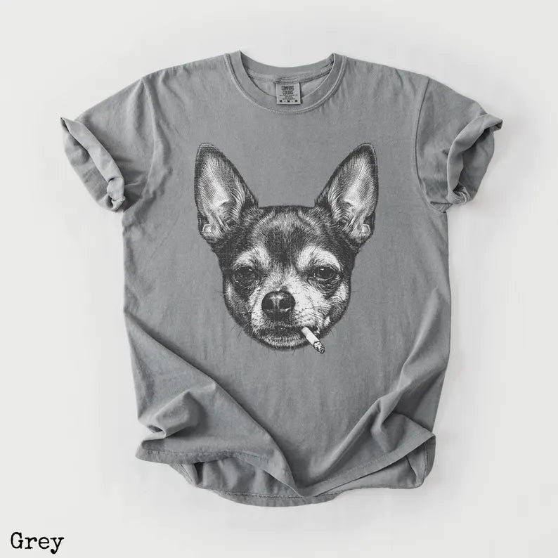 Smoking Chihuahua Shirt, Vintage Grunge Dog Graphic Tee, Funny Dog Face Shirt