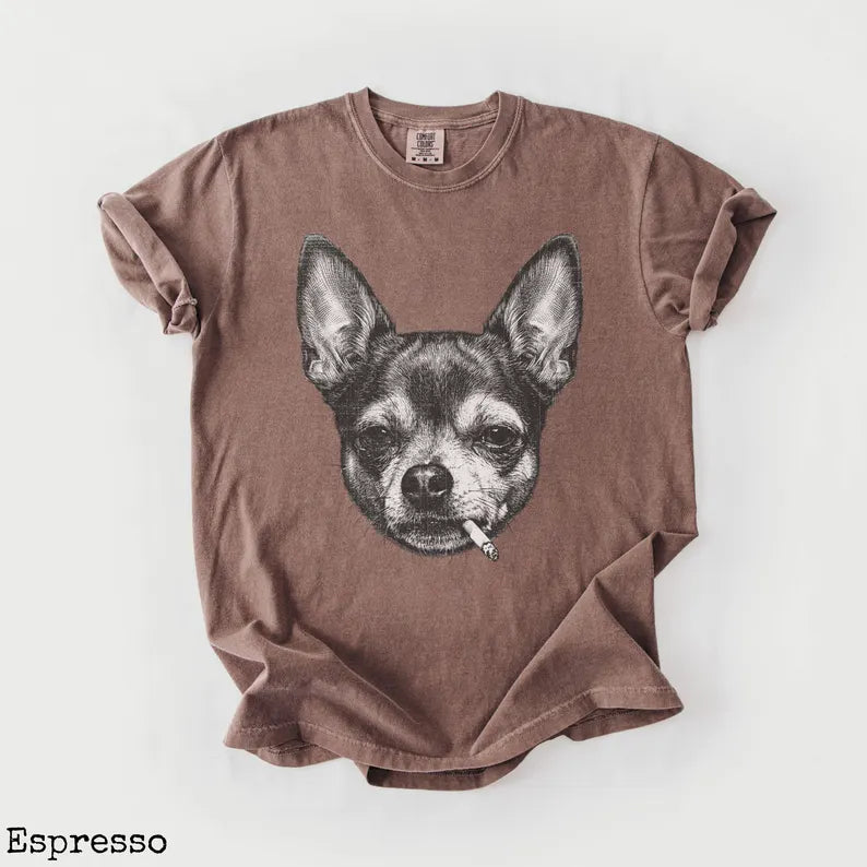 Smoking Chihuahua Shirt, Vintage Grunge Dog Graphic Tee, Funny Dog Face Shirt
