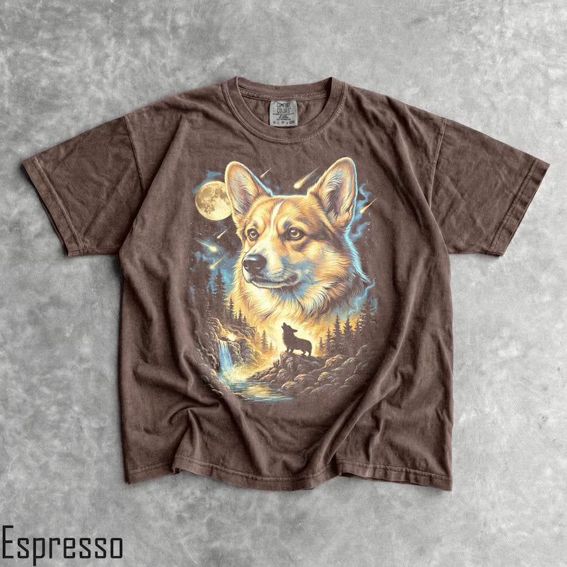 Corgi Howling Moon T-Shirt - Men & Women's Unisex Graphic Tee - Vintage 90s Dog Meme Shirt - Funny Corgi Mom Tee - Retro Dog Tee