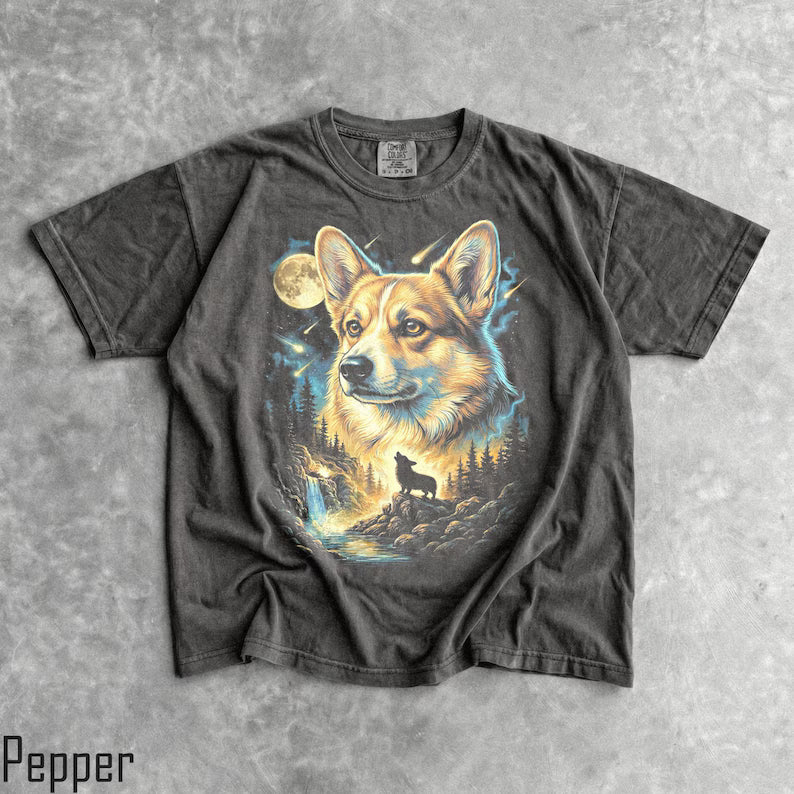 Corgi Howling Moon T-Shirt - Men & Women's Unisex Graphic Tee - Vintage 90s Dog Meme Shirt - Funny Corgi Mom Tee - Retro Dog Tee