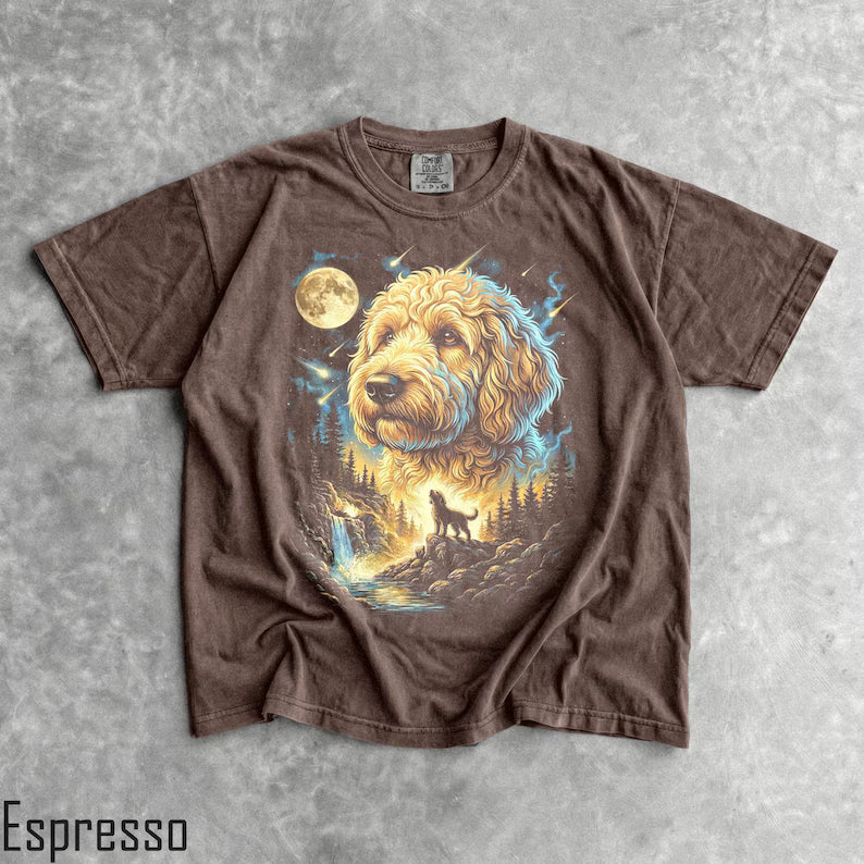 Golden Doodle Howling Moon T-Shirt - Men & Women's Unisex Graphic Tee - Vintage 90s Dog Meme Shirt - Funny Doodle Momma Shirt - Cute Pet Top