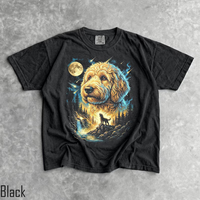 Golden Doodle Howling Moon T-Shirt - Men & Women's Unisex Graphic Tee - Vintage 90s Dog Meme Shirt - Funny Doodle Momma Shirt - Cute Pet Top