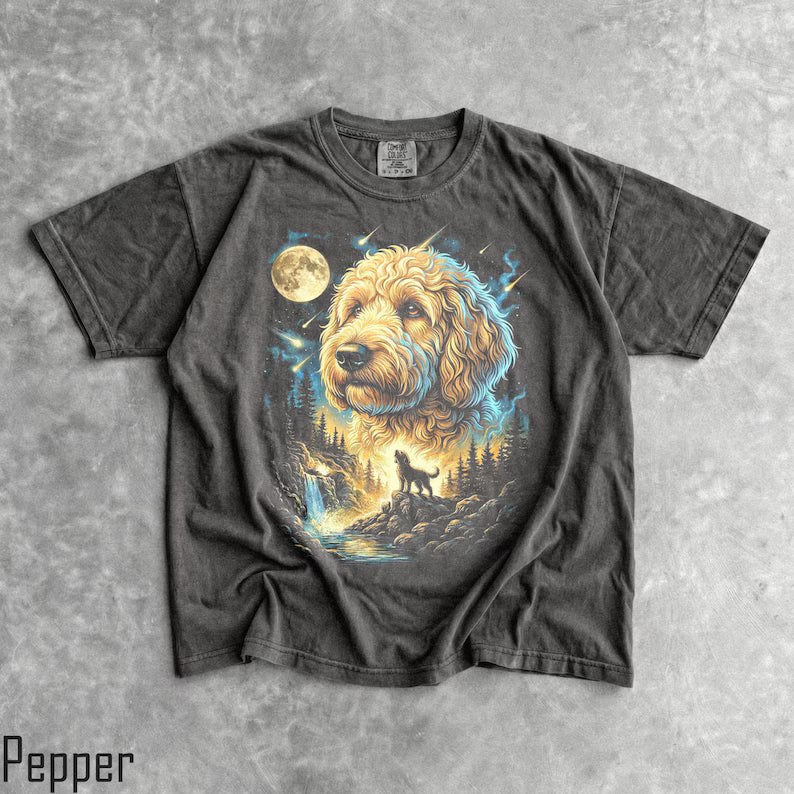 Golden Doodle Howling Moon T-Shirt - Men & Women's Unisex Graphic Tee - Vintage 90s Dog Meme Shirt - Funny Doodle Momma Shirt - Cute Pet Top