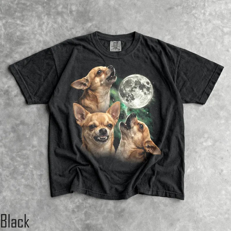 90s Three Chihuahuas T-Shirt - Men & Women's Unisex Graphic Tee - Full Moon Howling Shirt - Funny Dog Meme Shirt - Retro Silly Pet Shirt