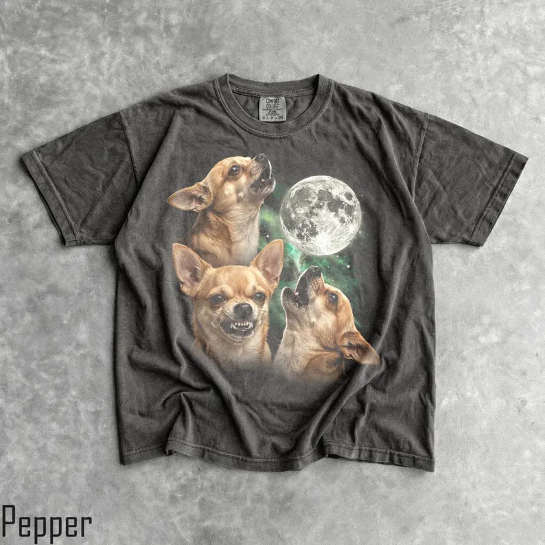 90s Three Chihuahuas T-Shirt - Men & Women's Unisex Graphic Tee - Full Moon Howling Shirt - Funny Dog Meme Shirt - Retro Silly Pet Shirt