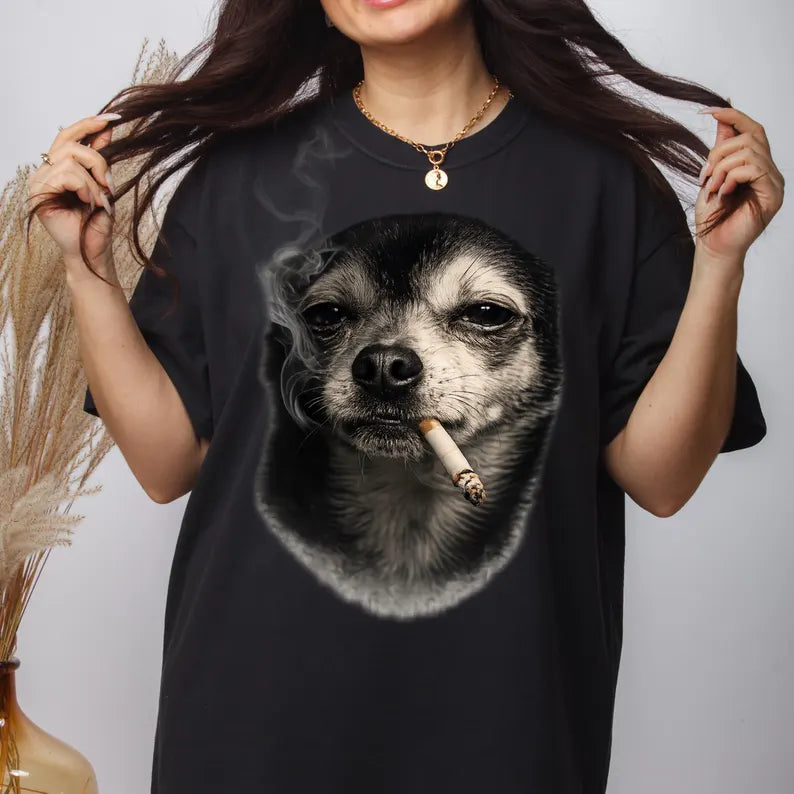 Smoking Chihuahua Shirt, Vintage Y2K Grunge Dog Graphic Tee, Funny Dog Face Shirt, Gift for Dog Lovers