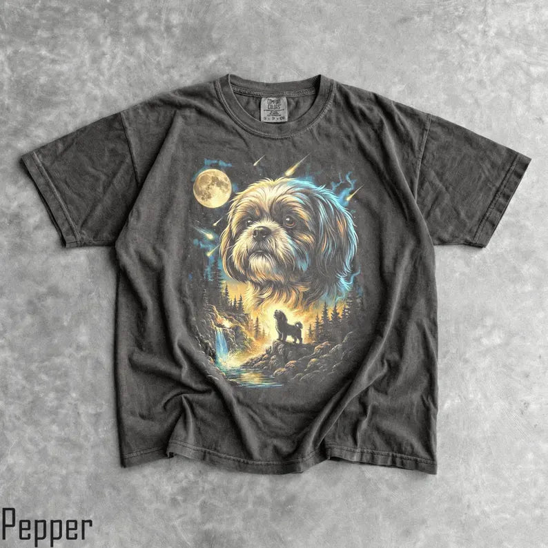 Shih Tzu Howling Moon T-Shirt - Men & Women's Unisex Graphic Tee - Vintage 90s Dog Meme Shirt - Funny Dumb Shirt - Unhinged Shirts