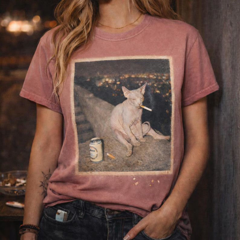 Funny Sphynx Cat Sm*king Meme Shirt, Soft Cotton Unisex Streetwear Aesthetic, Vintage Grunge Meme Graphic Tee
