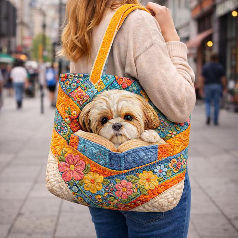 Cute Puppy Reading Book Quilt Tote Bag, Printed Quilt Tote for Dog Lovers, Pet Memorial Gift for Dog Owner, Dog Mom Gift, Book Lover Gift