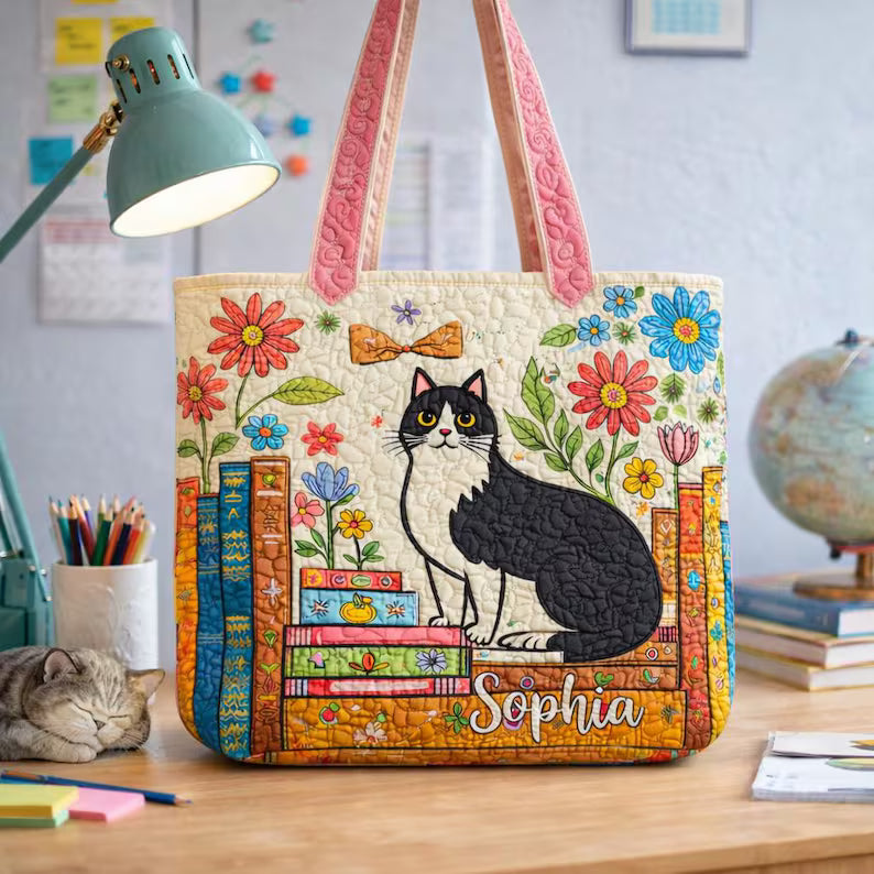Tuxedo Cat On Books Quilted Tote Bag - Personalized Cottagecore Cat Book Bag With Name - Gift For Cat Moms