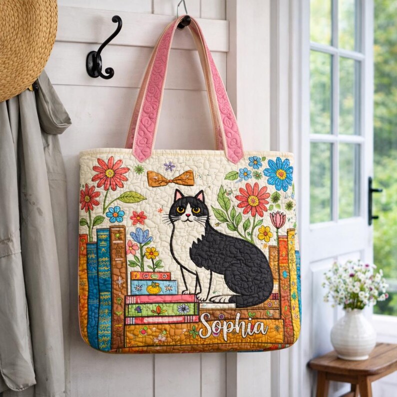 Personalized Cat Quilted Tote Bag, Floral Cottagecore Book Lover Gift