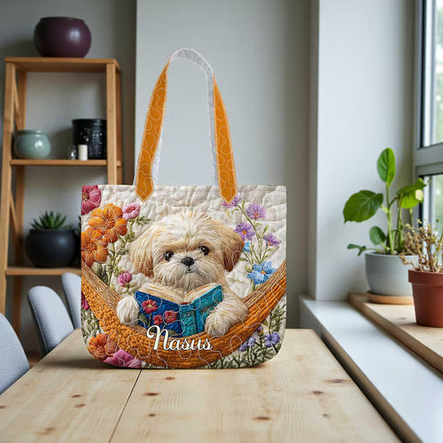 Custom Cute Shih Tzu Book Quilt Tote Bag, Dog Books Tote Bag, Cute Puppy Reading Book Bag, Quilted Fabric Tote for Dog Lover and Book Lovers