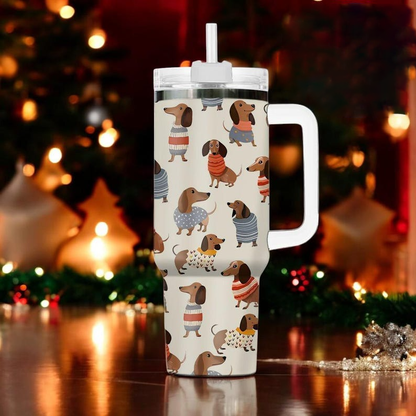 Cute Dachshund Sweater Pattern 40 oz Tumbler With Handle - Wiener Dog Insulated Cup - Gift For Dog Lovers