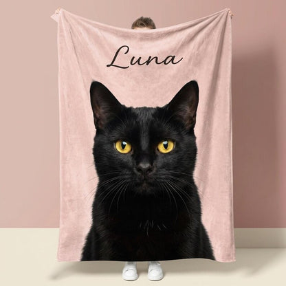 Custom Pet Photo Blanket with Name - Realistic or Oil Painting Style Fleece Throw - Dog & Cat Memorial Gift