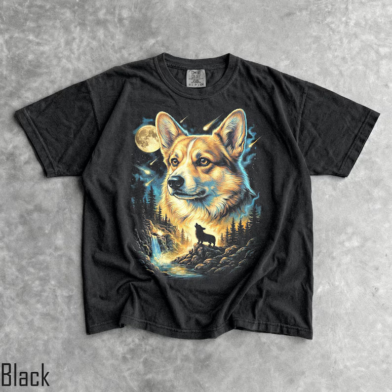 Corgi Howling Moon T-Shirt - Men & Women's Unisex Graphic Tee - Vintage 90s Dog Meme Shirt - Funny Corgi Mom Tee - Retro Dog Tee