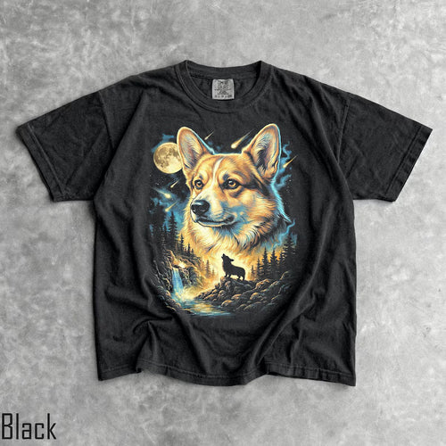 Corgi Howling Moon T-Shirt - Men & Women's Unisex Graphic Tee - Vintage 90s Dog Meme Shirt - Funny Corgi Mom Tee - Retro Dog Tee