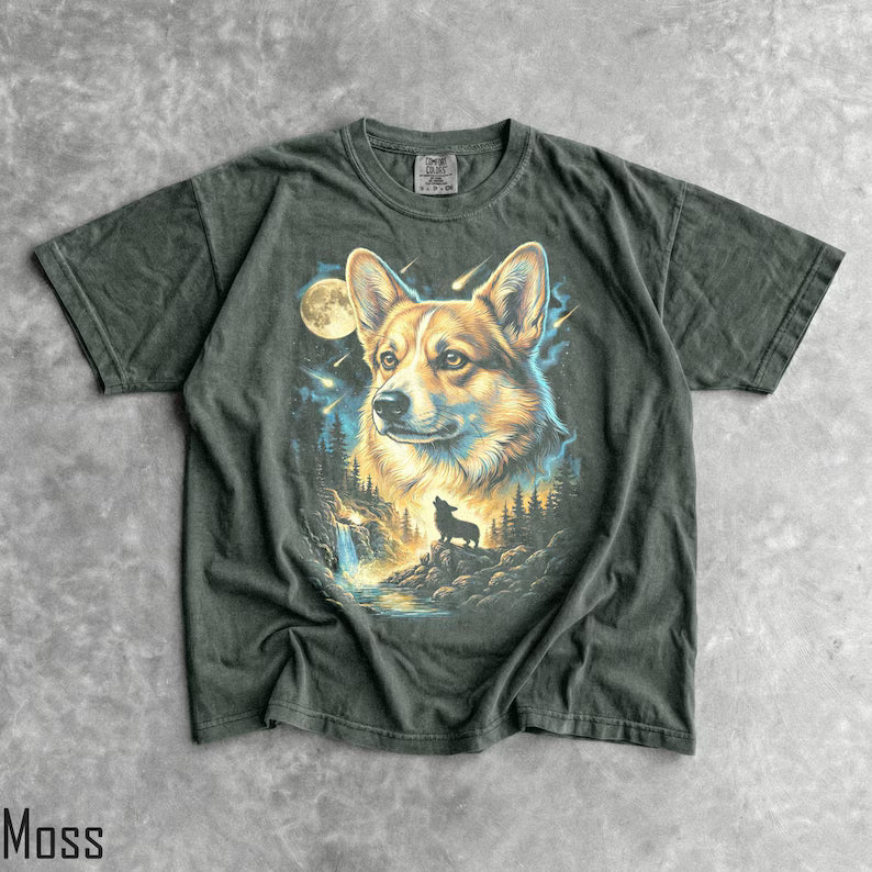 Corgi Howling Moon T-Shirt - Men & Women's Unisex Graphic Tee - Vintage 90s Dog Meme Shirt - Funny Corgi Mom Tee - Retro Dog Tee
