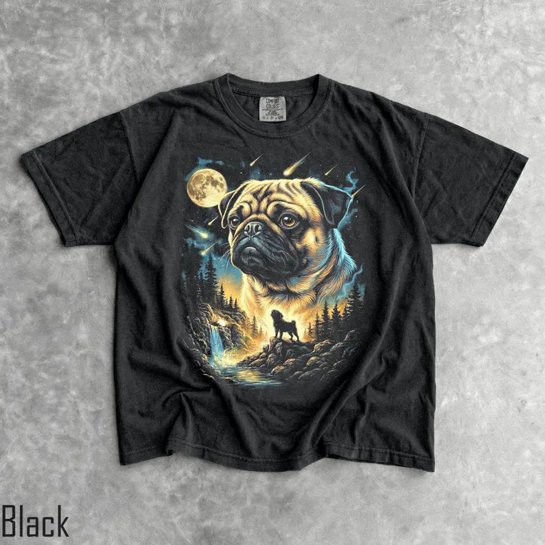Pug Howling Moon T-Shirt - Men & Women's Unisex Graphic Tee - Vintage 90s Dog Meme Shirt - Funny Pug Mom Tee - Dumb Shirt
