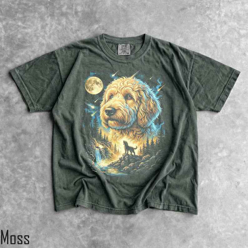 Golden Doodle Howling Moon T-Shirt - Men & Women's Unisex Graphic Tee - Vintage 90s Dog Meme Shirt - Funny Doodle Momma Shirt - Cute Pet Top