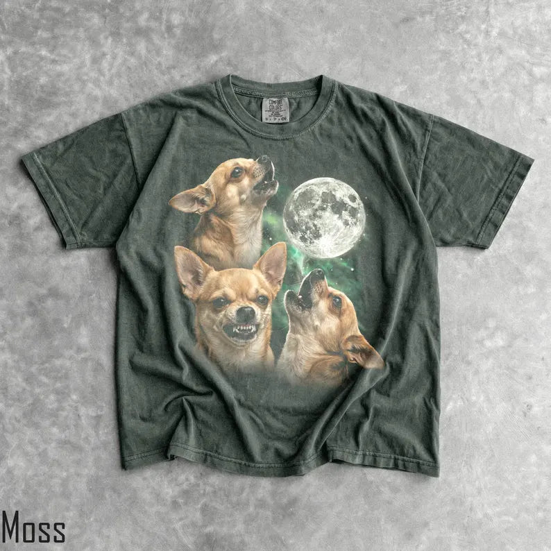 90s Three Chihuahuas T-Shirt - Men & Women's Unisex Graphic Tee - Full Moon Howling Shirt - Funny Dog Meme Shirt - Retro Silly Pet Shirt