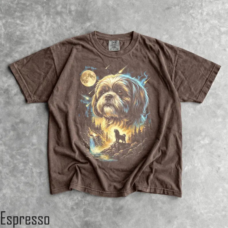 Shih Tzu Howling Moon T-Shirt - Men & Women's Unisex Graphic Tee - Vintage 90s Dog Meme Shirt - Funny Dumb Shirt - Unhinged Shirts