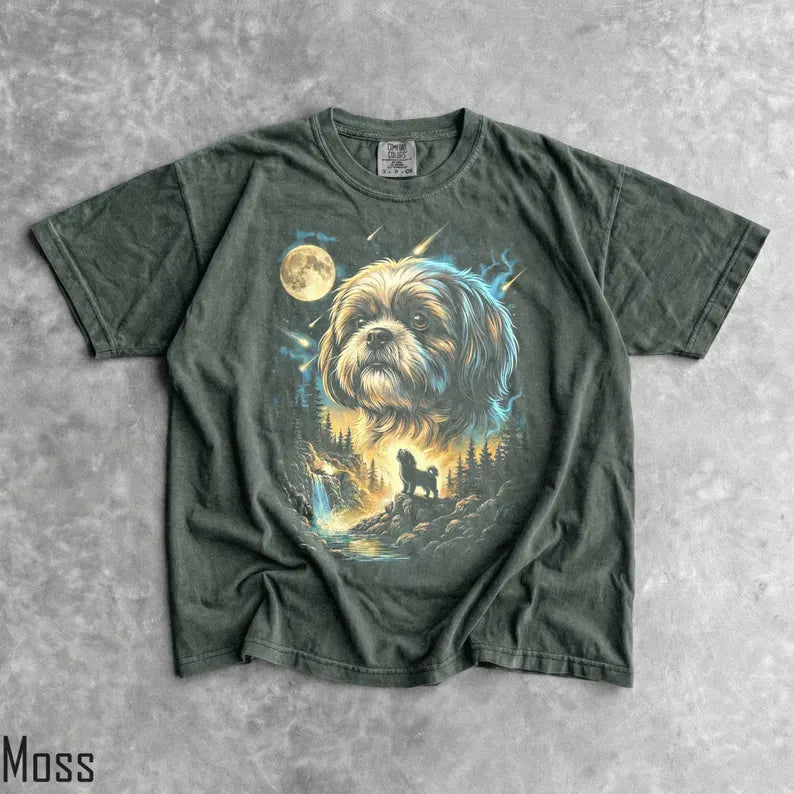 Shih Tzu Howling Moon T-Shirt - Men & Women's Unisex Graphic Tee - Vintage 90s Dog Meme Shirt - Funny Dumb Shirt - Unhinged Shirts