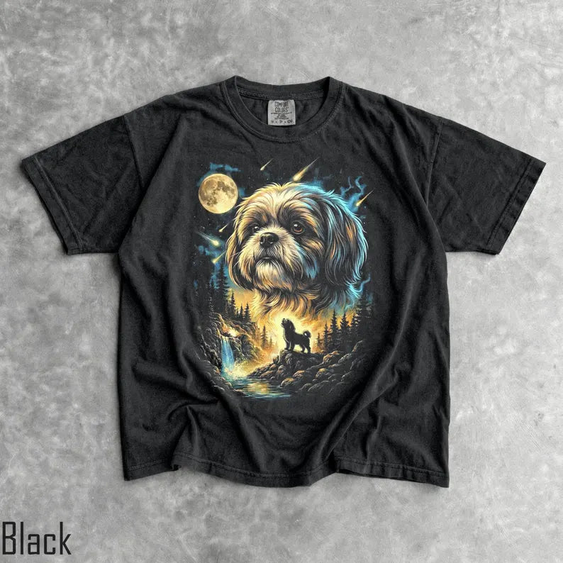 Shih Tzu Howling Moon T-Shirt - Men & Women's Unisex Graphic Tee - Vintage 90s Dog Meme Shirt - Funny Dumb Shirt - Unhinged Shirts