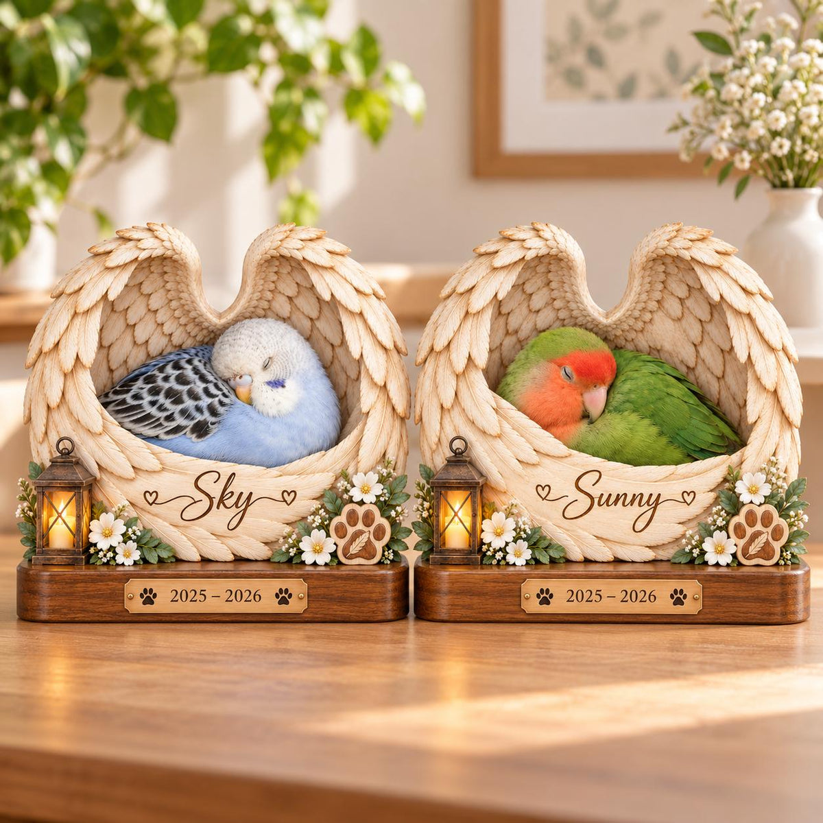 Two memorial figurines featuring carved angel wings cradling a blue budgie and a green lovebird. Each base includes a small lantern, white flowers, a paw print, and a plaque with the names Sky or Sunny and the years 2025-2026.