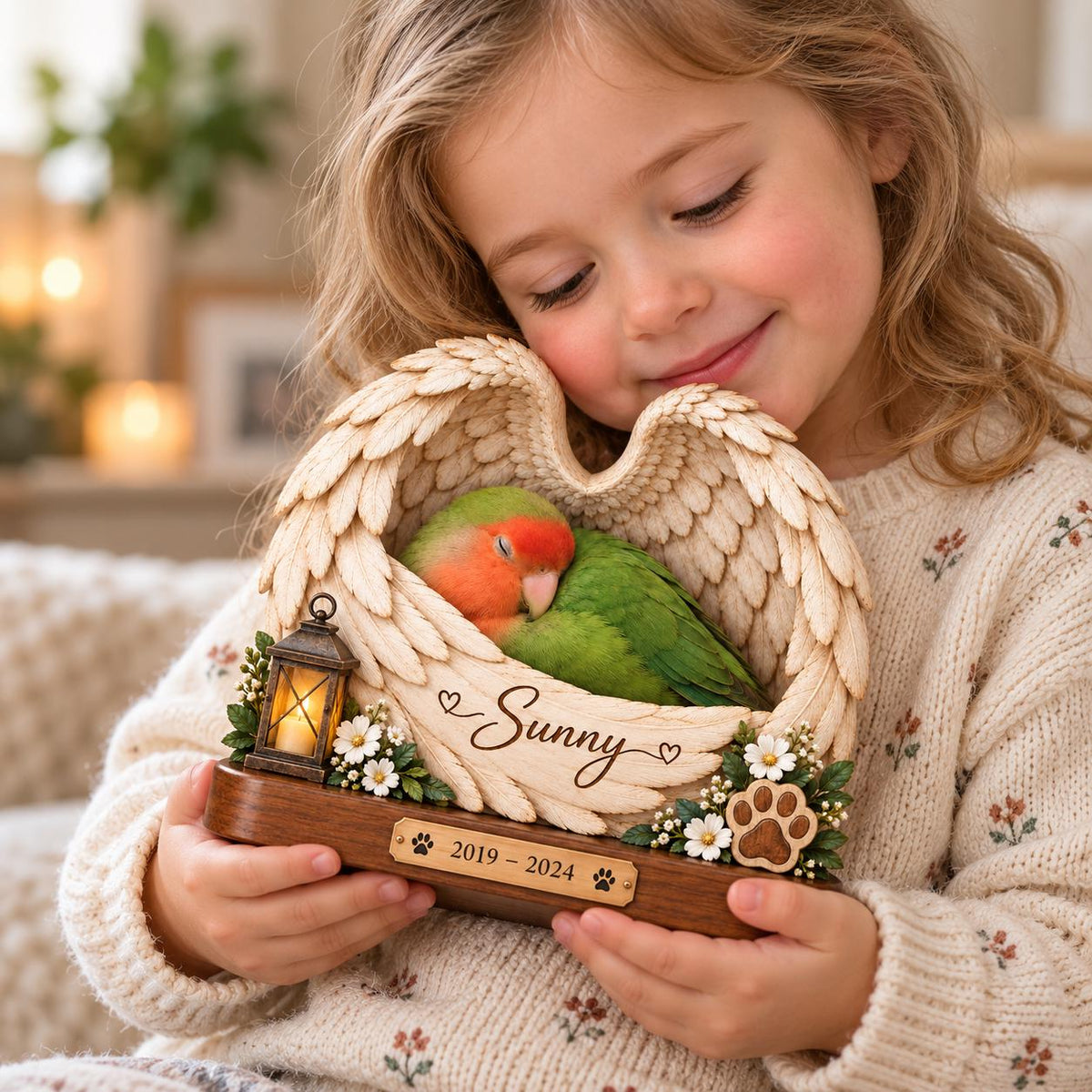 A memorial figurine featuring a green and orange lovebird nestled within sculpted angel wings. The base includes a small lantern, white flowers, a paw print, and a plaque with the name Sunny and the years 2019-2024 engraved on it.