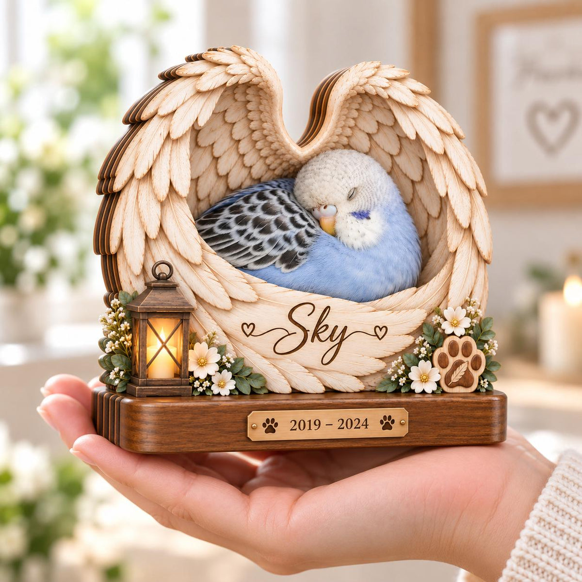 A wooden memorial plaque featuring a carved pair of angel wings cradling a sleeping blue and white budgerigar. The piece includes a small lantern, white flowers, a paw print, and the name Sky with the dates 2019-2024 engraved.