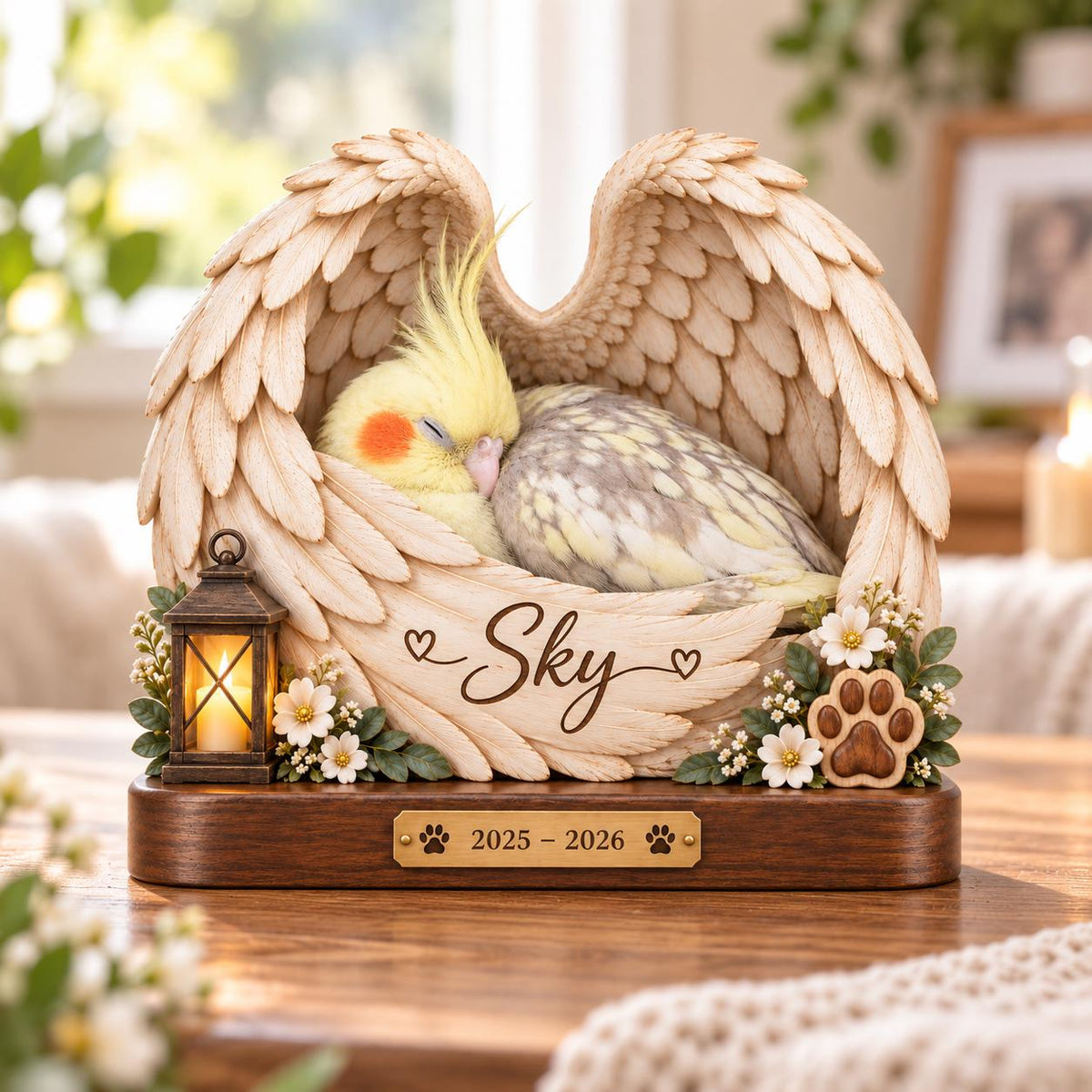 A memorial figurine featuring a sleeping cockatiel nestled within large, textured angel wings. The base includes a lantern, white flowers, a paw print, and a brass plaque engraved with the text 2025 - 2026. The name Sky is inscribed on the wings.