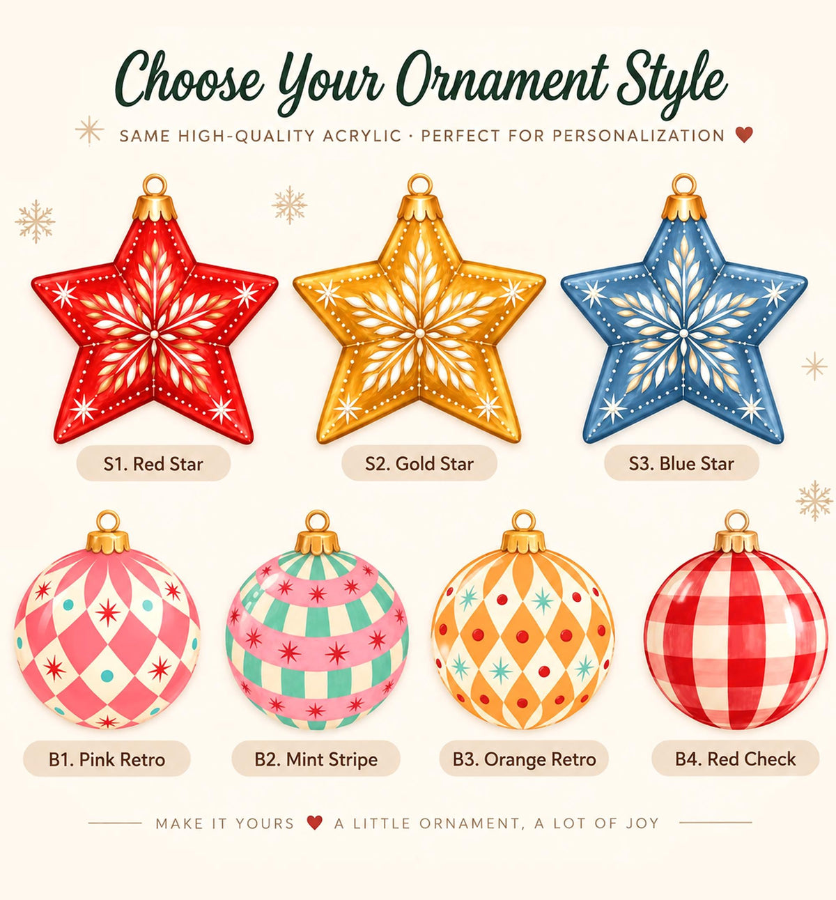 A collection of seven holiday ornaments featuring three star-shaped designs in red, gold, and blue, and four spherical designs in pink diamond, mint stripe, orange retro, and red check patterns, all with gold-toned hanging loops.