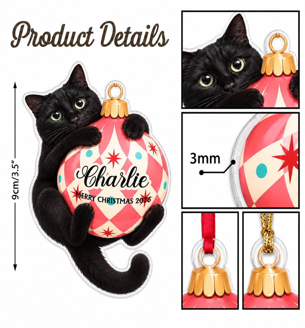 A black cat ornament holding a pink and cream diamond-patterned bauble with the text Charlie and Merry Christmas 2026. The ornament measures 3.5 inches in height and 3mm in thickness, featuring a gold cap and a red or gold hanging ribbon.