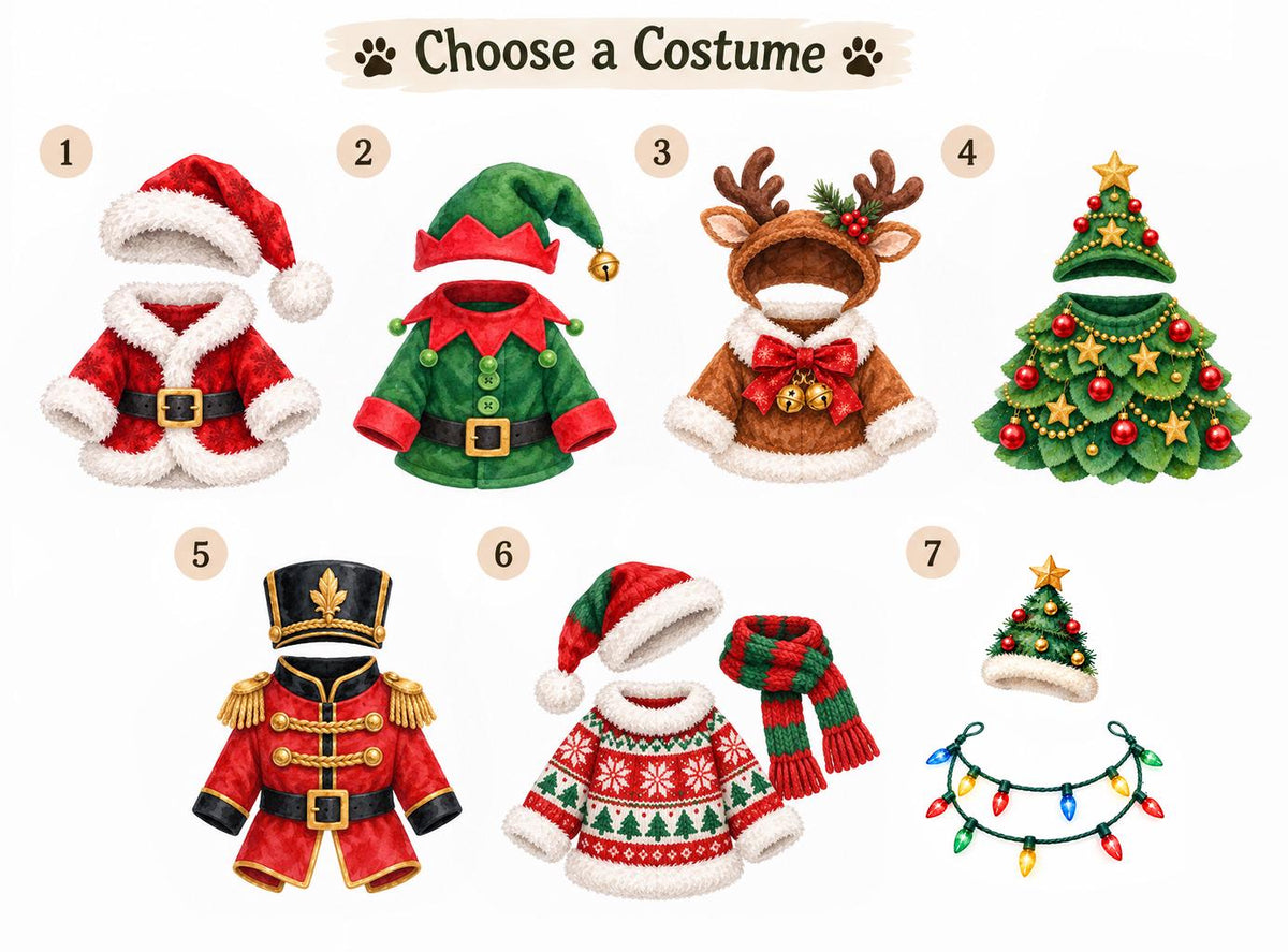 A digital illustration titled Choose a Costume featuring seven numbered Christmas-themed outfits. Options include a Santa suit, elf attire, reindeer hood, tree dress, nutcracker jacket, patterned sweater with scarf, and a string of lights.