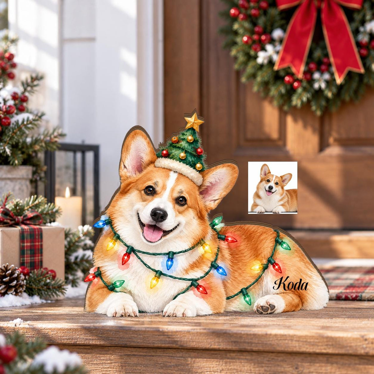 A Corgi dog illustration wearing a small green Christmas tree hat with ornaments and a string of colorful glowing holiday lights draped around its body. The name Koda is written in black script on the side of the dog's body.