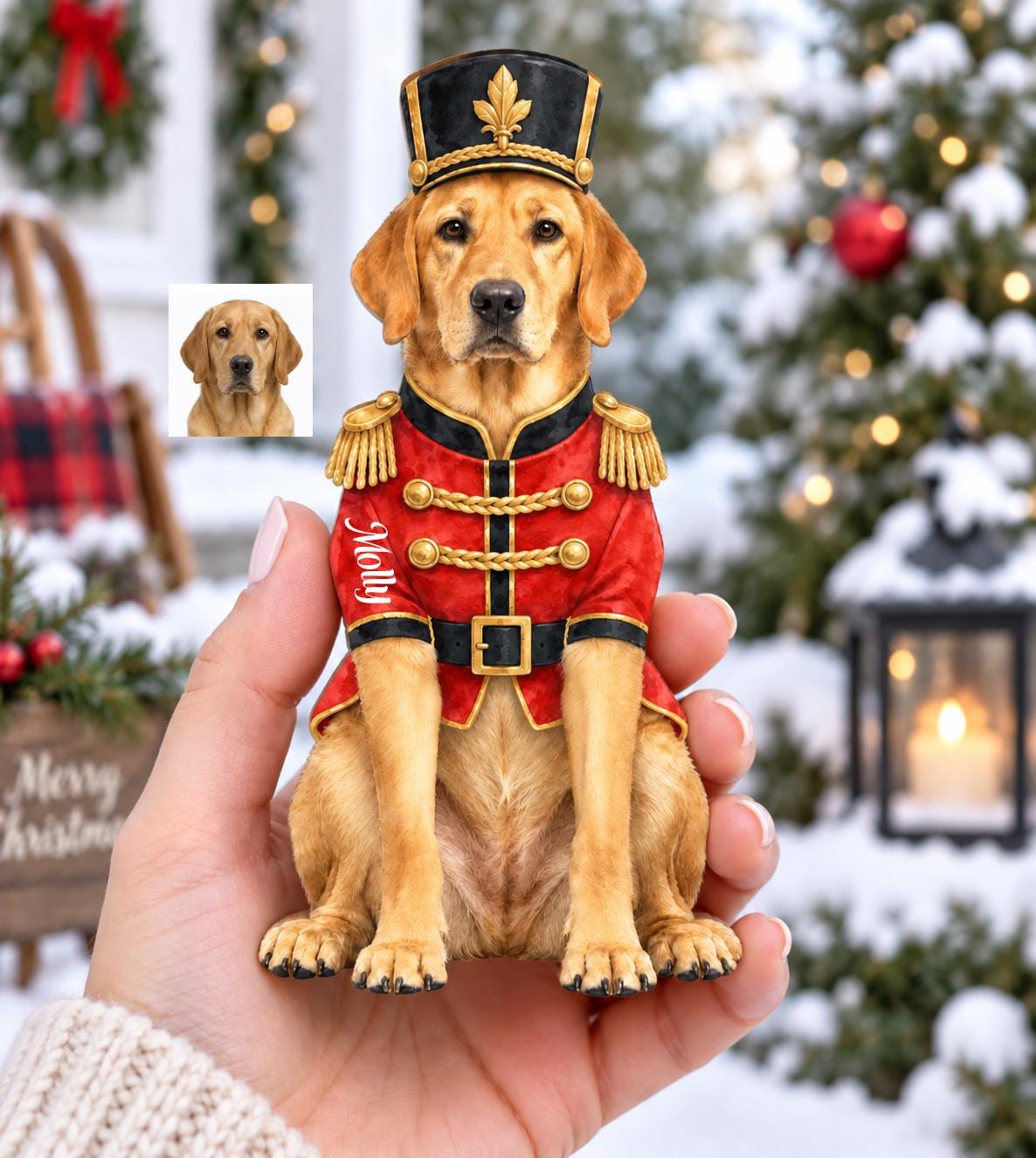 A golden retriever figurine dressed as a nutcracker soldier, wearing a red jacket with gold trim, a black belt, and a black hat with a gold fleur-de-lis. The name Molly is printed in white script on the side of the red jacket.
