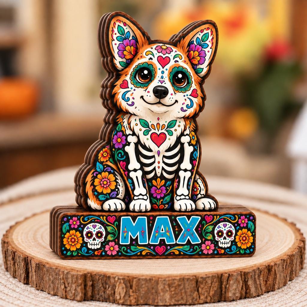 A wooden cutout of a corgi dog featuring colorful floral patterns and skeleton motifs in a Day of the Dead style. The base is a rectangular wooden block with the name MAX printed in blue, flanked by two white sugar skull illustrations.
