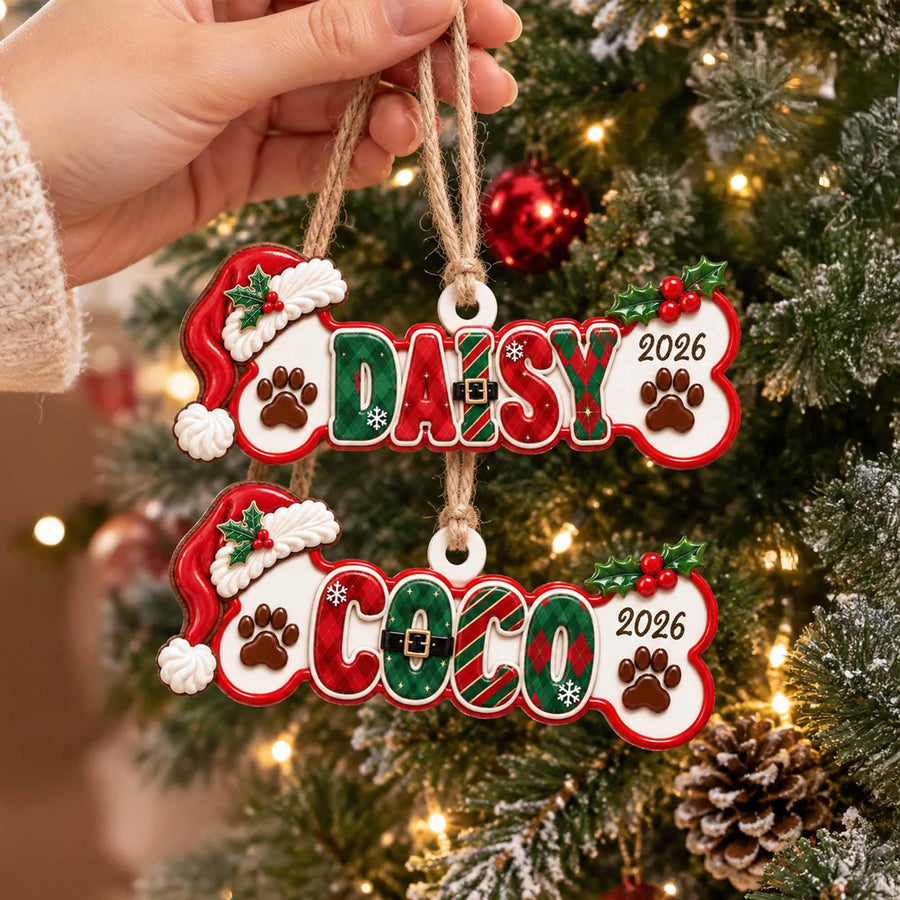 Dog Bone Christmas Ornament With Santa Hat & Name - Personalized Acrylic Dog Ornament 2026 - Gift For Dog Moms