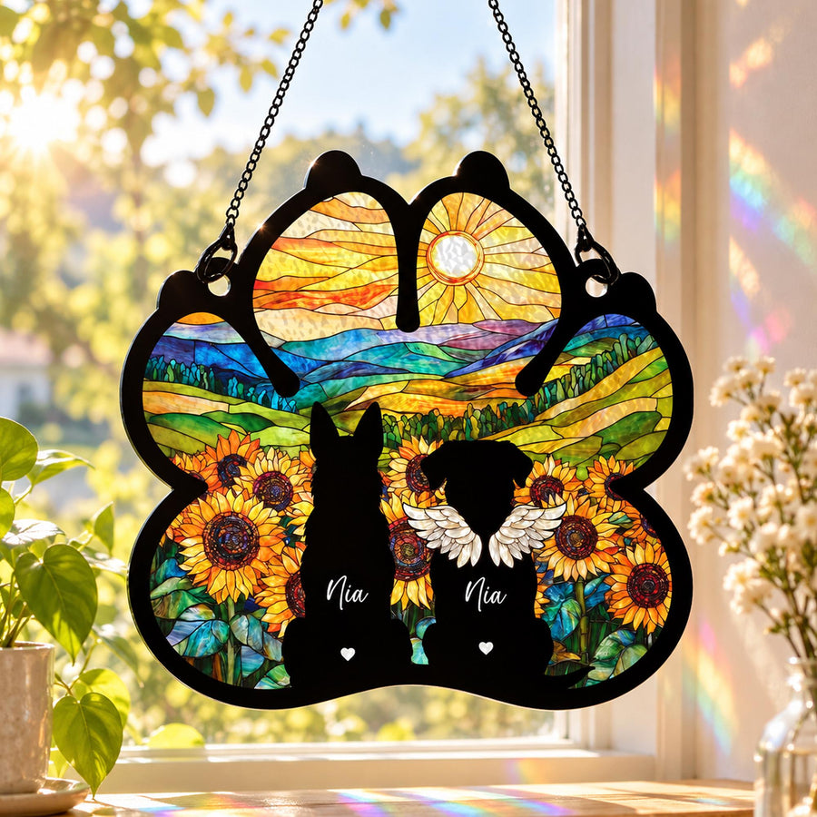 Dog Memorial Paw Suncatcher With Breed Silhouettes & Names - Personalized Glass Or Acrylic - Dog Loss Gift