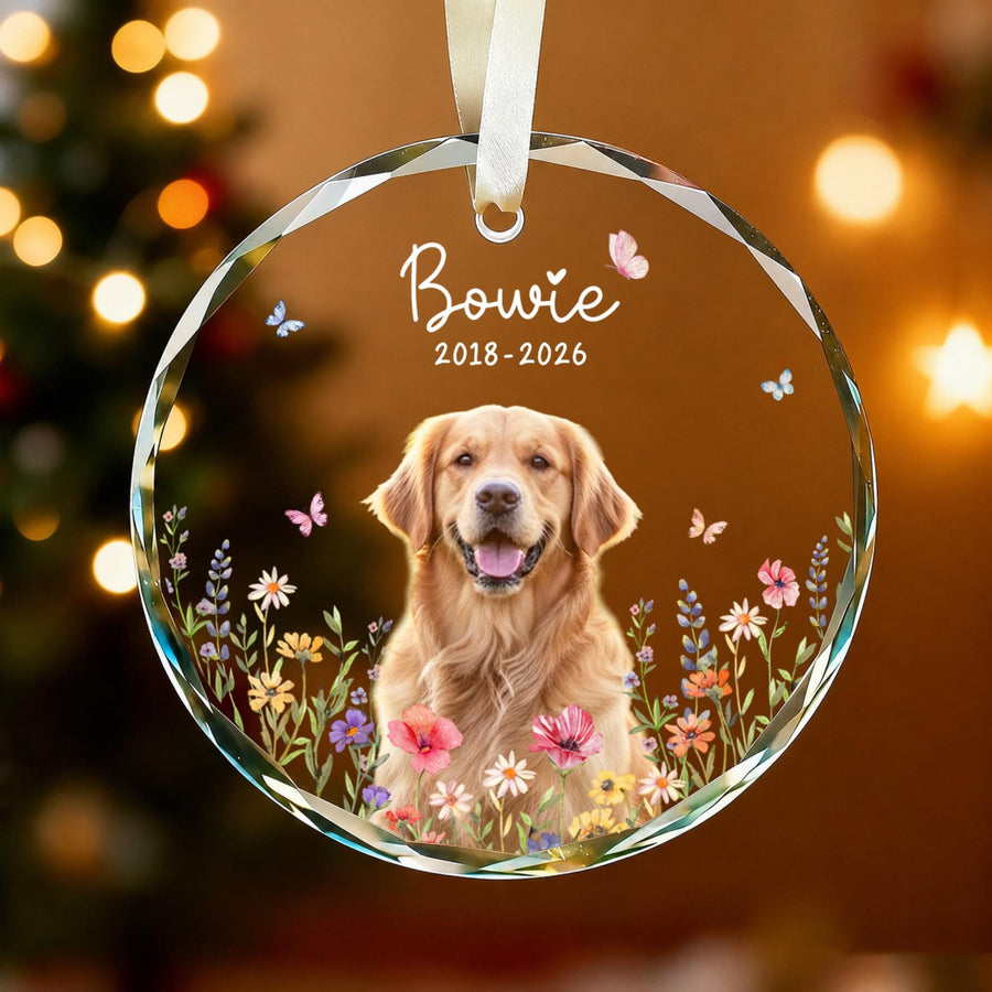 Wildflower Pet Memorial Photo Ornament - Personalized Glass, Acrylic or Ceramic Keepsake - Pet Loss Gift