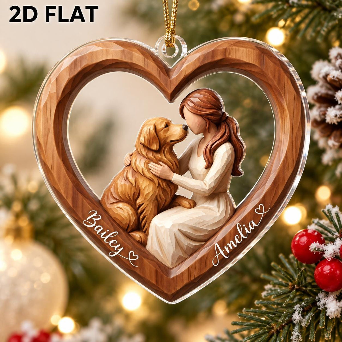 Dog Mom Carved Heart Ornament From Photo - Personalized Dog & Owner Names Christmas Ornament - Dog Mom Gift