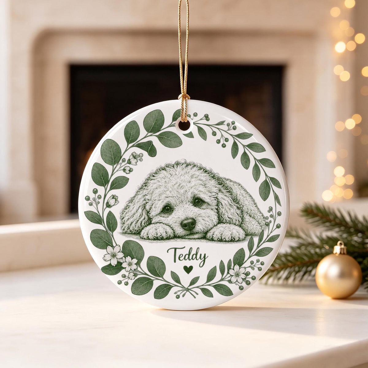 Green Wreath Pet Sketch Ceramic Ornament From Photo - Personalized Dog Christmas Keepsake - Dog Lover Gift